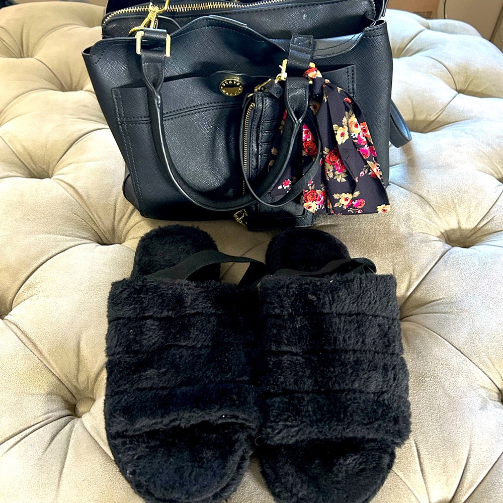 A black Steve Madden handbag and a pair of slippers they are not Steve Madden.